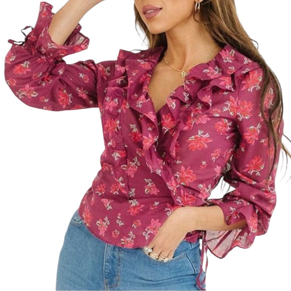 Free People Top Wrap Floral Ruffle Long Sleeve Burgundy Feminine Boho Medium